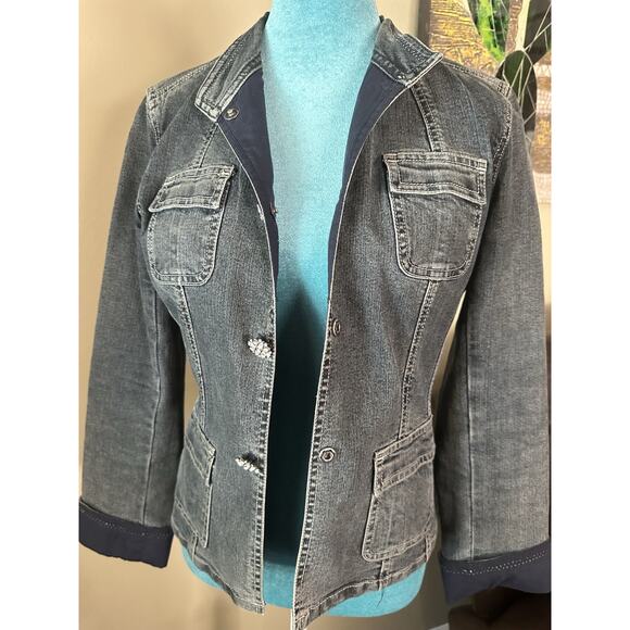 Tahari Jean Jacket S/P Embellished Sparkle Snap Close Medium Wash - Picture 10 of 16